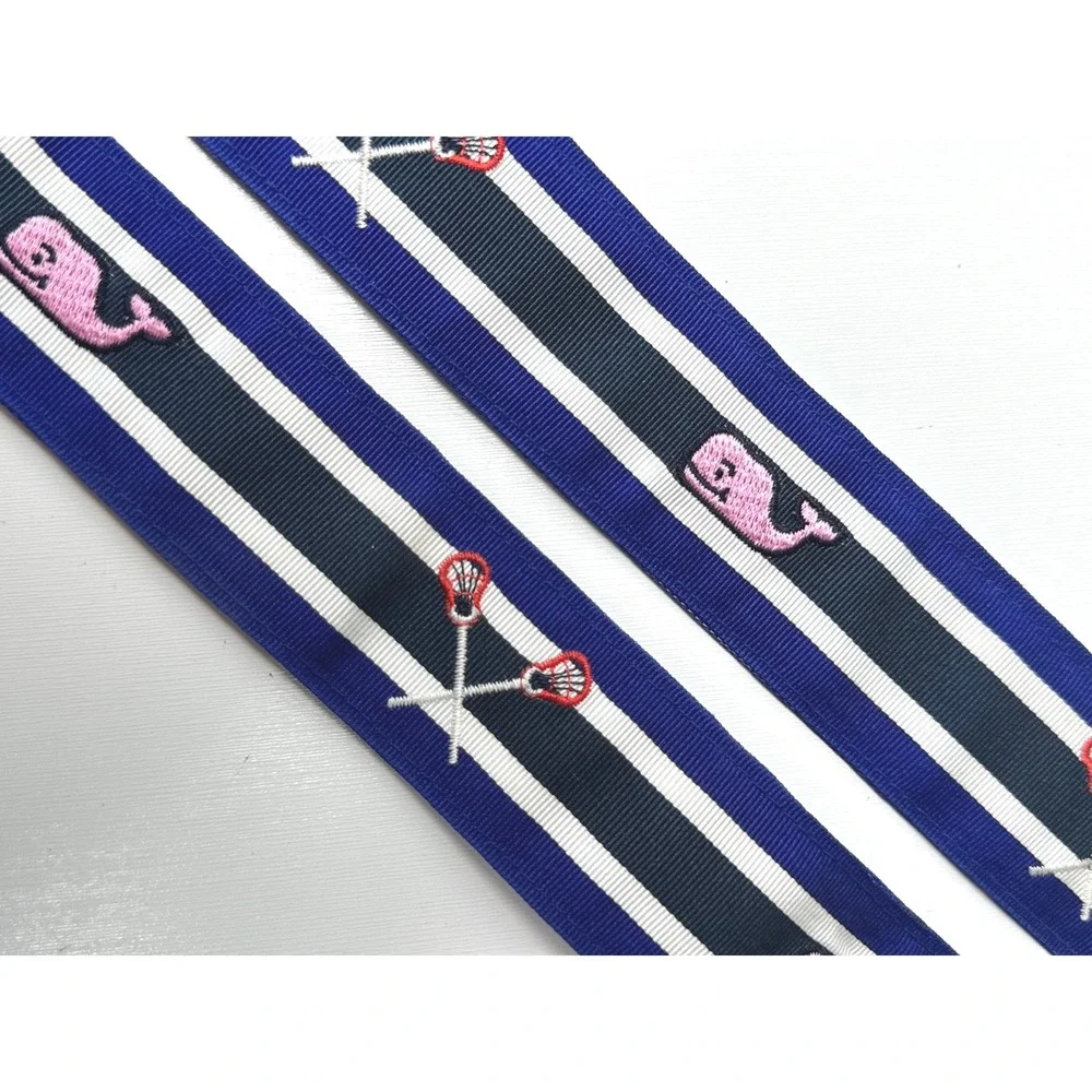 Vineyard Vines Mens Navy Striped Lacrosse Whale D-Ring Belt Leather Trim Size M
